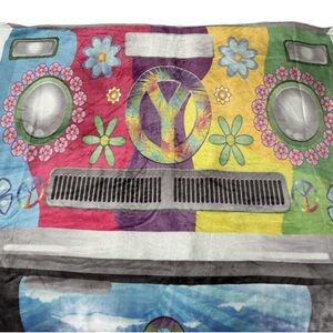 Ambesonne Groovy VW Mini Van with Peace signs, Flowers etc Blanket. 60”x80”.